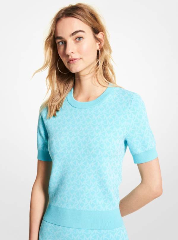 Damske Svetre Michael Kors Logo Jacquard Short-Sleeve Sweater Tyrkysové - Oblecenie Michael Kors Akcia | VNJAO-9071